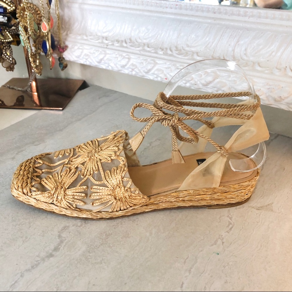 Stuart Weitzman braided jute and sheer organza lace up espadrilles